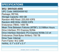 Synology SNV5420-400G 400GB SSD M.2 2280 PCIe NVMe Internal Solid State Drive