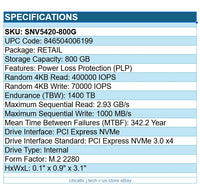 Synology SNV5420-800G 800GB SSD M.2 2280 PCIe NVMe Internal Solid State Drive