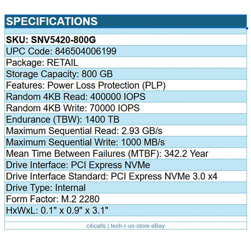 Synology SNV5420-800G 800GB SSD M.2 2280 PCIe NVMe Internal Solid State Drive
