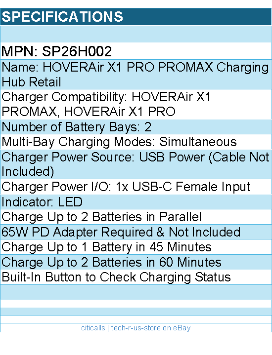 HOVERAir SP26H002 X1 PRO PROMAX Charging Hub Retail - Charge Up to 2 Batteries