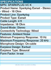 Koss SPARKPLUG VC K Sparkplug Earset - Stereo - Wired - 16 Ohm