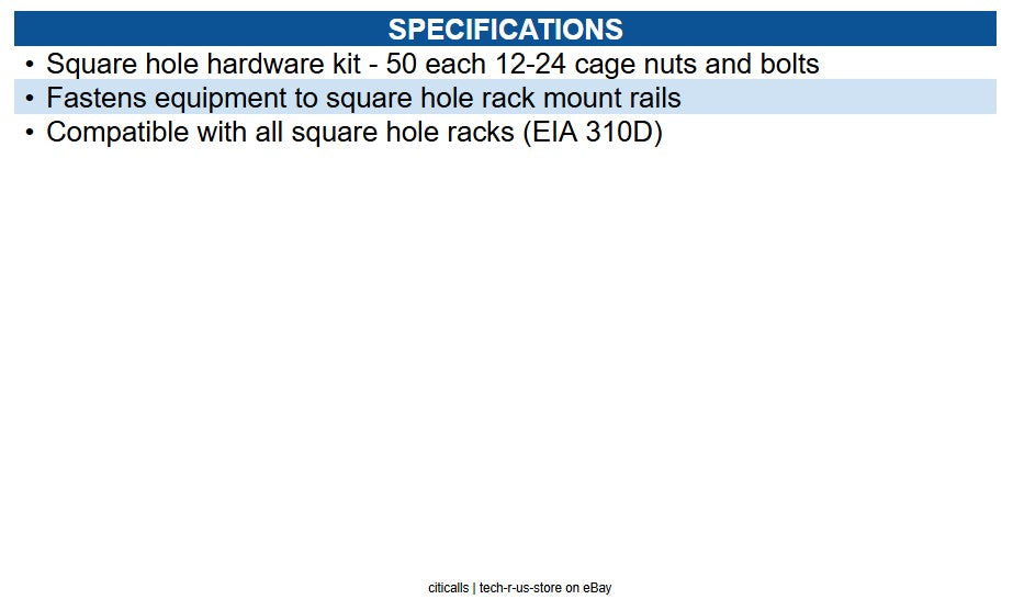 Eaton SRCAGENUTS1224 SmartRack Square Hole Hardware Kit with 50 pcs 12-24 screws
