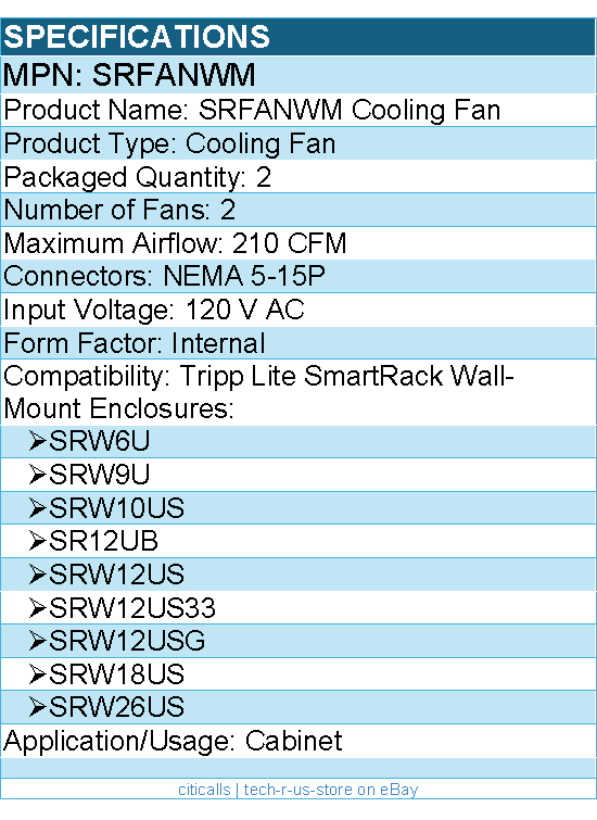 Eaton Tripp Lite Series SRFANWM SmartRack Wall-Mount Roof Fan Kit - 2-120V