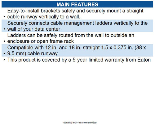Eaton SRLVRTBRKT Cable Runway Vertical Wall Brackets, Straight, Black
