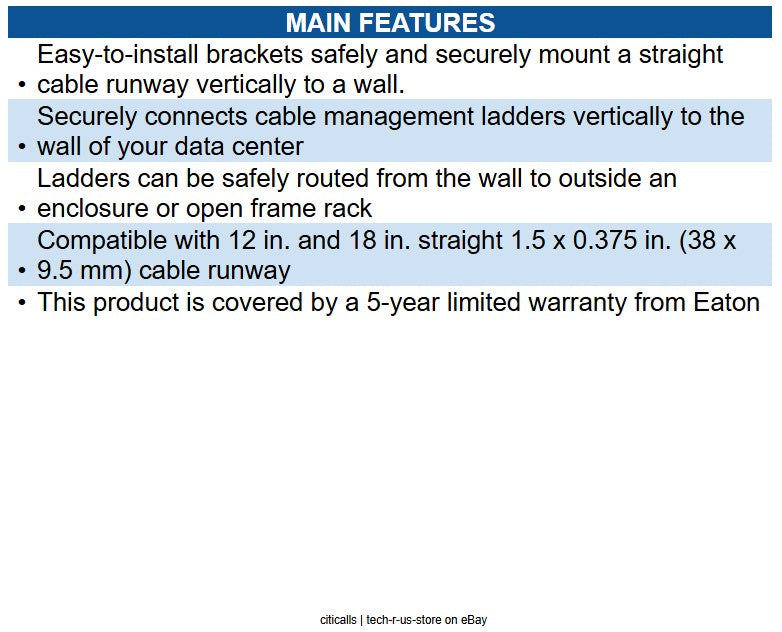 Eaton SRLVRTBRKT Cable Runway Vertical Wall Brackets, Straight, Black