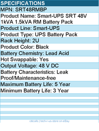 APC SRT48RMBP Smart-UPS SRT 48V 1kVA 1.5kVA RM Battery Pack - 48 V DC