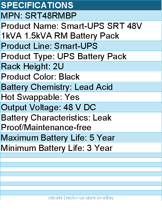 APC SRT48RMBP Smart-UPS SRT 48V 1kVA 1.5kVA RM Battery Pack - 48 V DC