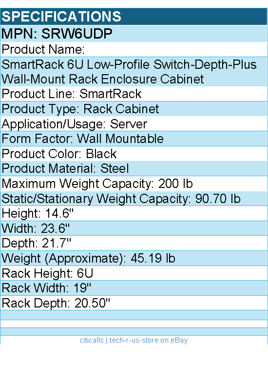 Eaton Tripp Lite series SRW6UDP 6U Wall Mount Rack Enclosure Server Cabinet