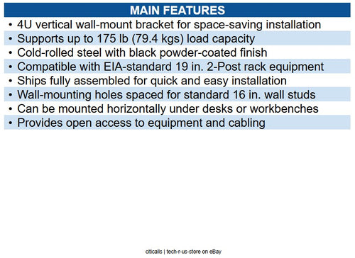 Eaton SRWALLBRKT4U SmartRack Vertical Wall Mount Rack Bracket, 175lb (79.4 kg)