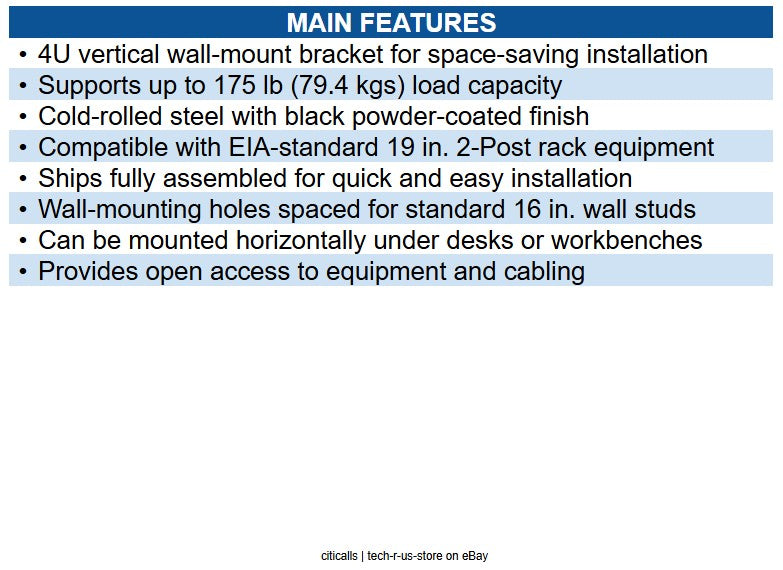 Eaton SRWALLBRKT4U SmartRack Vertical Wall Mount Rack Bracket, 175lb (79.4 kg)
