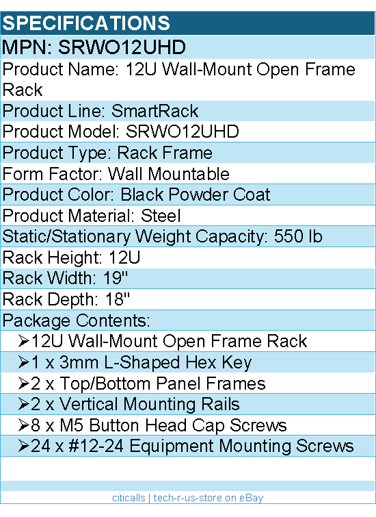 Eaton Tripp Lite series SRWO12UHD 12U Wall Mount Open Frame Rack