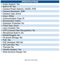 Pelco SRXP4-2V10-IMD-IR Sarix Professional 2MP IR Indoor IP Dome Camera
