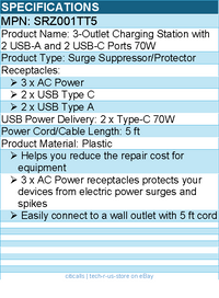 Belkin SRZ001TT5 3-Outlet Charging Station with 2 USB-A and 2 USB-C Ports 70W