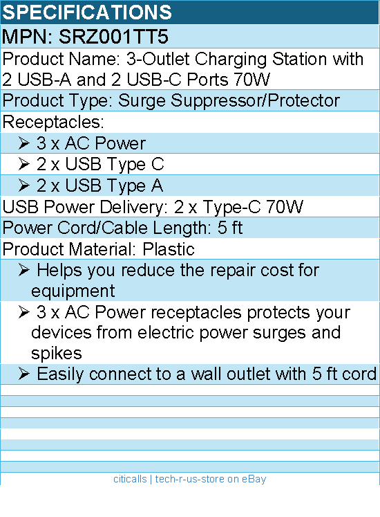 Belkin SRZ001TT5 3-Outlet Charging Station with 2 USB-A and 2 USB-C Ports 70W