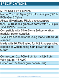 Silverstone SST-PP14-EPS75 2 x EPS 8 pin (PSU) to 12+4 pin (GPU) PCIe Gen5 Cable