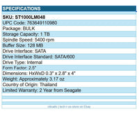 Seagate ST1000LM048 BarraCuda 1TB 2.5" Hard Drive SATA/600 HDD 5400rpm Bulk Pack