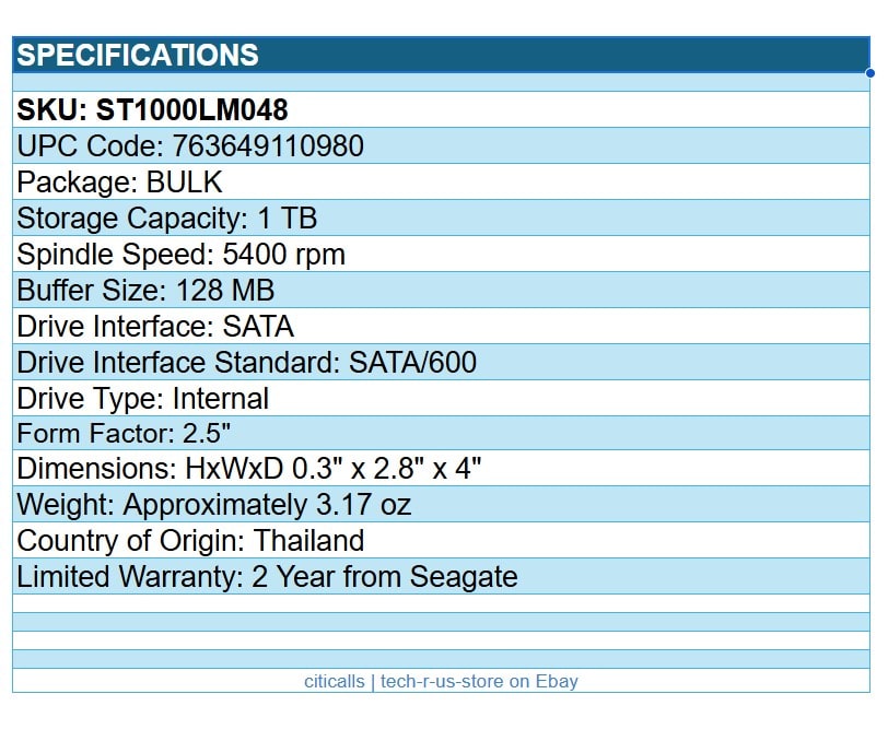 Seagate ST1000LM048 BarraCuda 1TB 2.5" Hard Drive SATA/600 HDD 5400rpm Bulk Pack