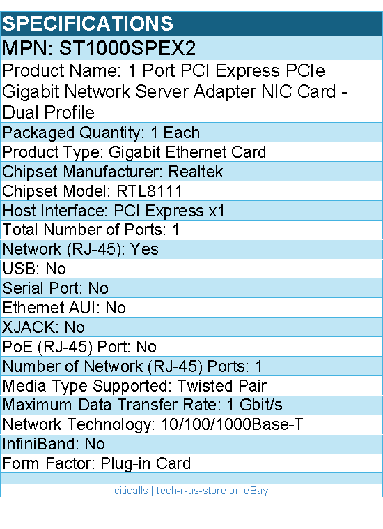 StarTech ST1000SPEX2 1 Port PCI Express PCIe Gigabit Network Server Adapter