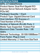 StarTech ST1000SPEXD4 Dual Port Gigabit PCI Express Server Network Adapter Card