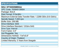 Seagate ST16000NM004J Exos X18 16TB 3.5" Hard Drive SAS 12Gb/s HDD 7200rpm HotPl