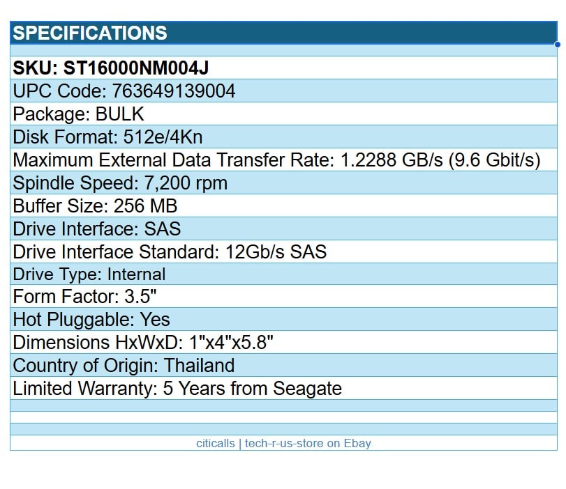 Seagate ST16000NM004J Exos X18 16TB 3.5" Hard Drive SAS 12Gb/s HDD 7200rpm HotPl