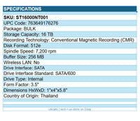 Seagate ST16000NT001 IronWolf Pro 16TB 3.5" Hard Drive SATA/600 HDD 7200rpm CMR