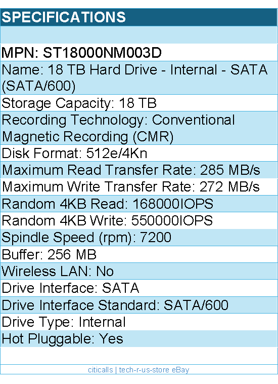 Seagate ST18000NM003D Hard Drive - 18TB 3.5 SATA 6Gb s 7.2K RPM 256M 512E 4KN