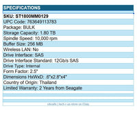 Seagate ST1800MM0129 10E2400 Enterprise 1.8TB 2.5" Hard Drive 12Gb/s SAS HDD