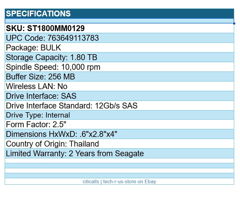 Seagate ST1800MM0129 10E2400 Enterprise 1.8TB 2.5" Hard Drive 12Gb/s SAS HDD