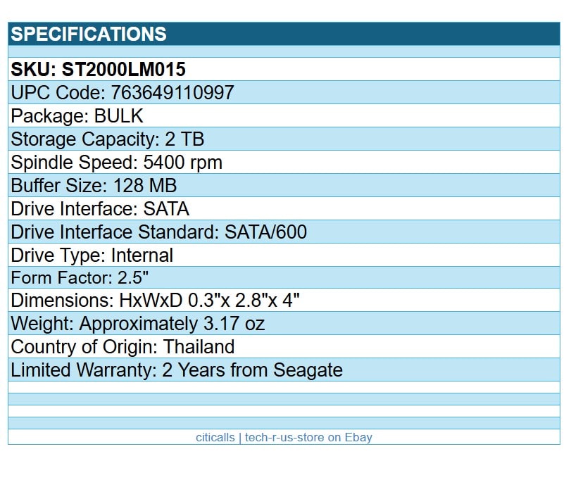 Seagate ST2000LM015 BarraCuda 2TB 2.5" Hard Drive SATA/600 HDD 5400rpm Bulk Pack