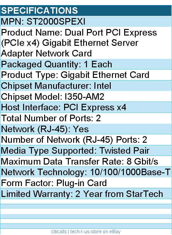 StarTech ST2000SPEXI (PCIe x4) Gigabit Ethernet Server Adapter Network Card