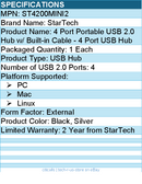 StarTech ST4200MINI2 4 Port USB Hub 4 x USB 2.0 port - Bus Powered