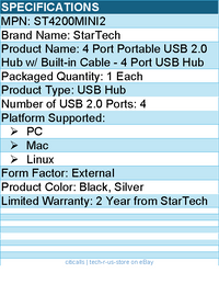StarTech ST4200MINI2 4 Port USB Hub 4 x USB 2.0 port - Bus Powered