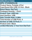 StarTech ST4300MINU3B Portable 4 Port SuperSpeed Mini USB 3.0 Hub - 5Gbps -Black