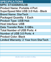 StarTech ST4300MINU3B Portable 4 Port SuperSpeed Mini USB 3.0 Hub - 5Gbps -Black