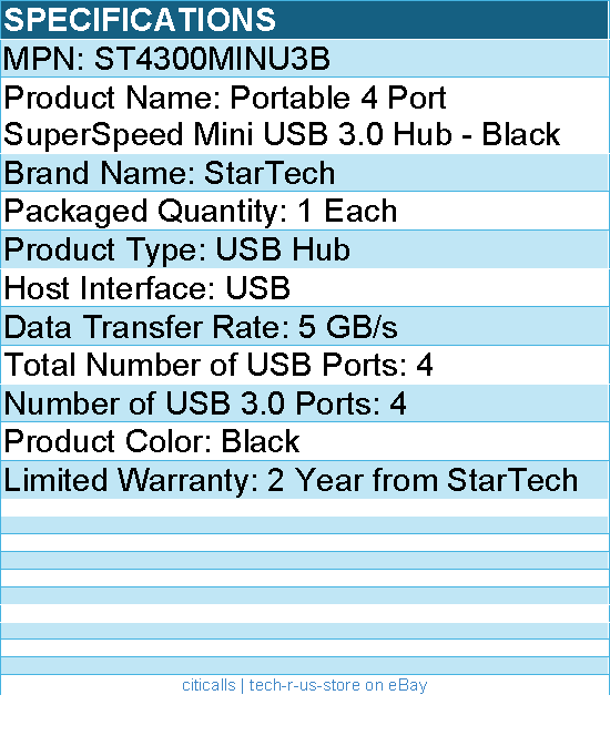 StarTech ST4300MINU3B Portable 4 Port SuperSpeed Mini USB 3.0 Hub - 5Gbps -Black