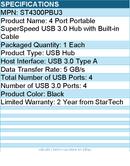 StarTech ST4300PBU3 4 Port Portable SuperSpeed USB 3.0 Hub - Black