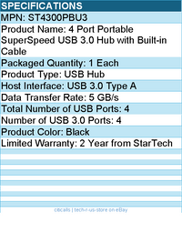 StarTech ST4300PBU3 4 Port Portable SuperSpeed USB 3.0 Hub - Black
