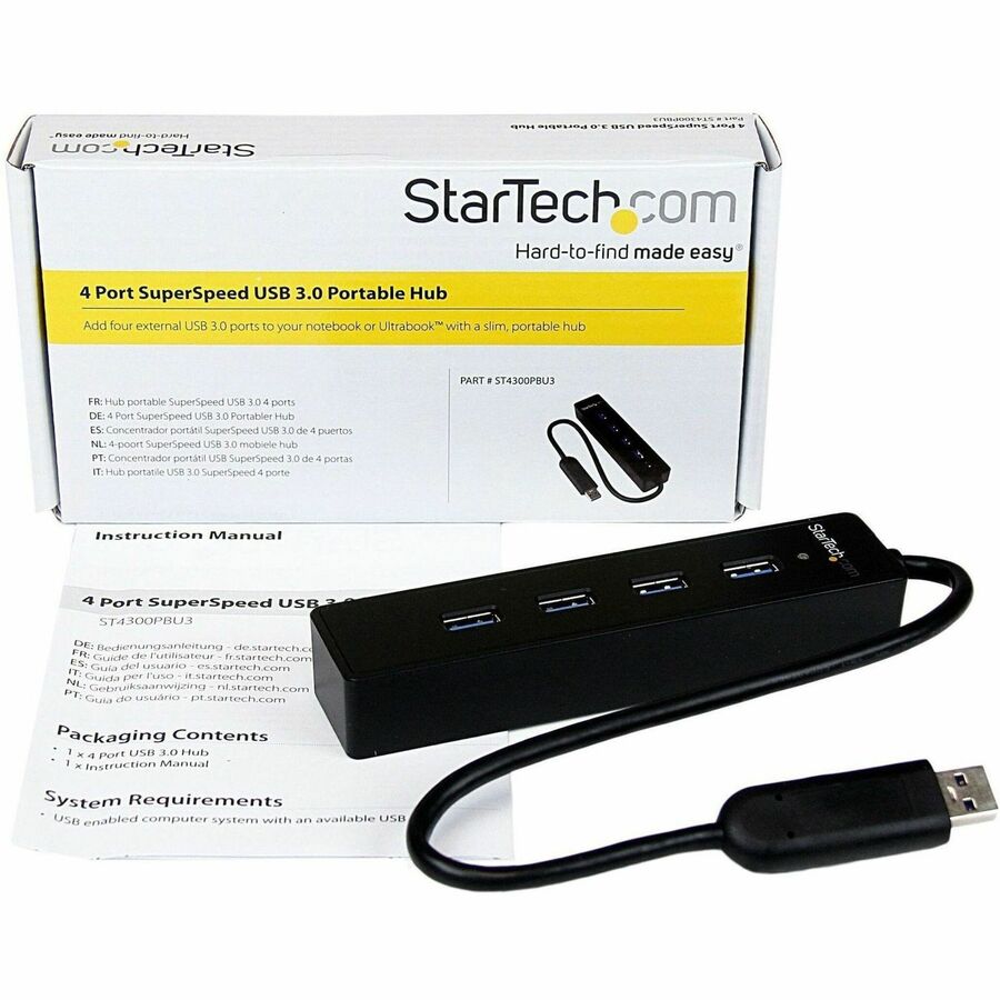 StarTech ST4300PBU3 4 Port Portable SuperSpeed USB 3.0 Hub - Black