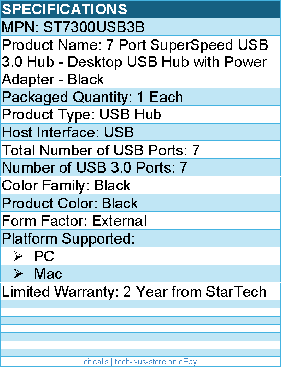StarTech ST7300USB3B 7 Port SuperSpeed USB 3.0 Hub - 5Gbps - Desktop USB Hub