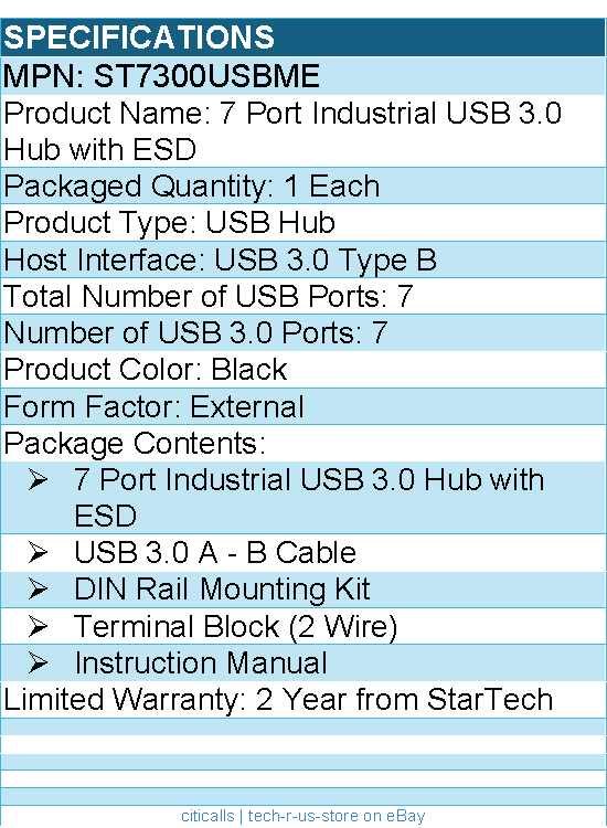 StarTech ST7300USBME 7 Port Industrial USB 3.0 Hub with ESD - 5Gbps