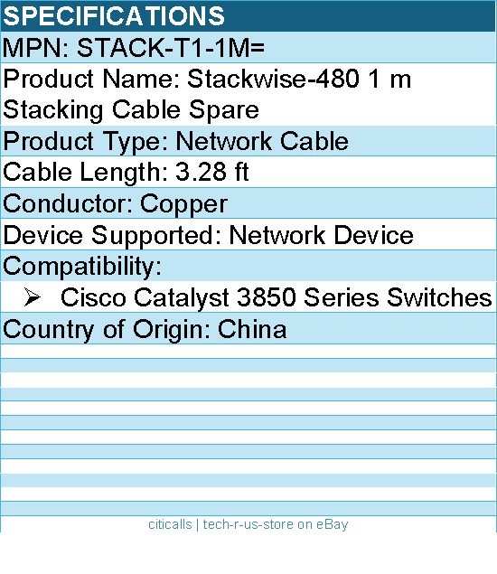 Cisco STACK-T1-1M= Stackwise-480 1 m Stacking Cable Spare