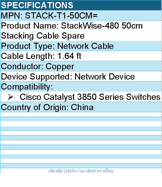 Cisco STACK-T1-50CM= StackWise-480 50cm Stacking Cable Spare - 1.64 ft