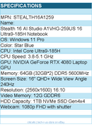 MSI STEALTH16A1259 Stealth 16 AI Studio A1VHG-259US 16 Ultra9-185H Notebook