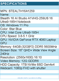MSI STEALTH16A1259 Stealth 16 AI Studio A1VHG-259US 16 Ultra9-185H Notebook