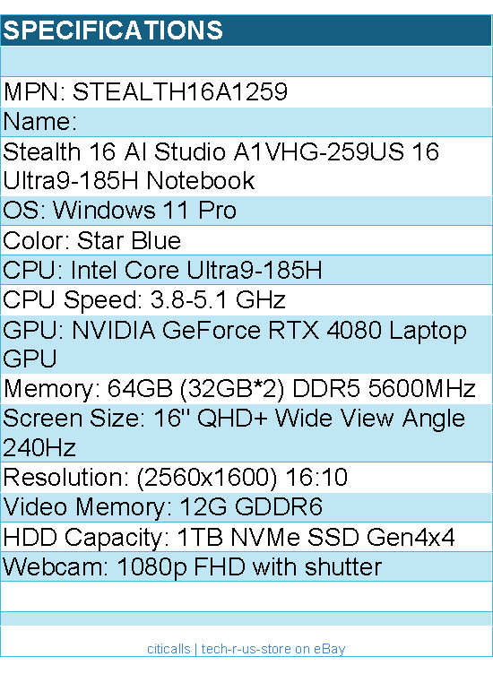 MSI STEALTH16A1259 Stealth 16 AI Studio A1VHG-259US 16 Ultra9-185H Notebook