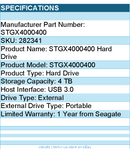Seagate STGX4000400 4 TB Portable Hard Drive - External - USB 3.0