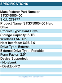 Seagate STGX5000400 5 TB Portable Hard Drive - 2.5" External