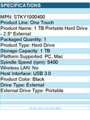 Seagate STKY1000400 One Touch 1 TB Portable Hard Drive - 2.5" External - Black