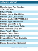 Seagate STKY2000400 One Touch 2 TB Portable Hard Drive - 2.5" External - Black